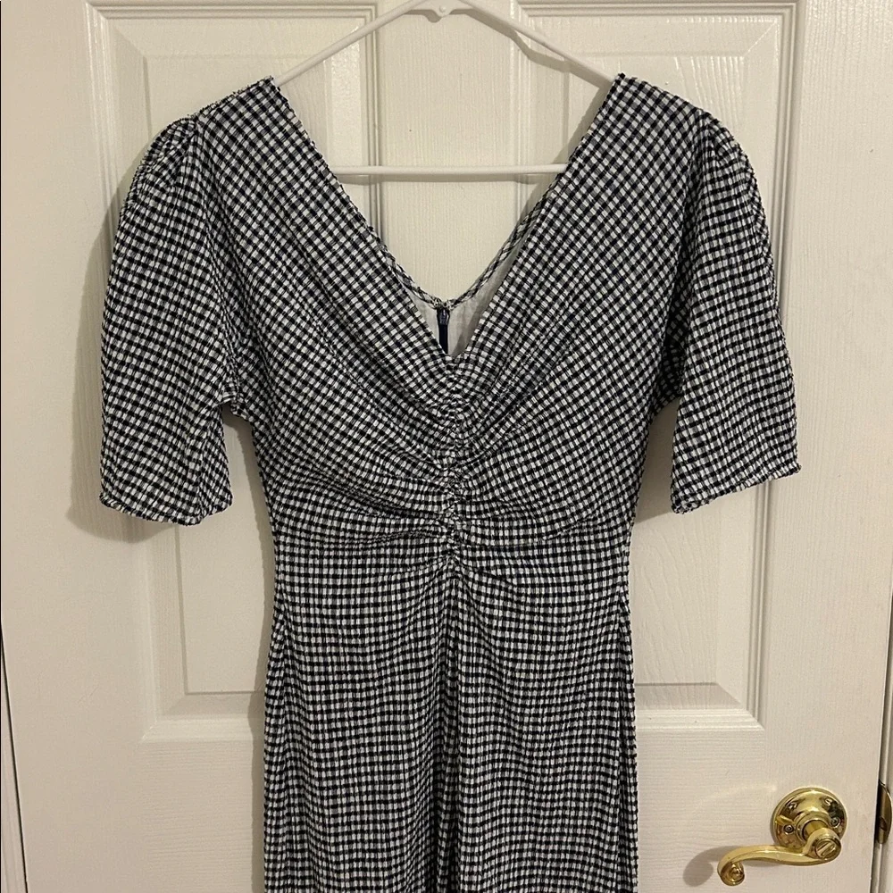 Staud Fraise Gingham Seersucker Ruched Short Sleeve Jumpsuit Navy New Size 6